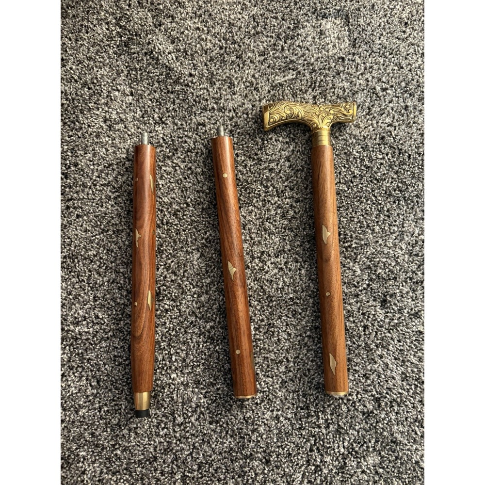 Wooden Victorian Style Walking Stick Derby Brass Gold Tone Handle 3pc Vintage